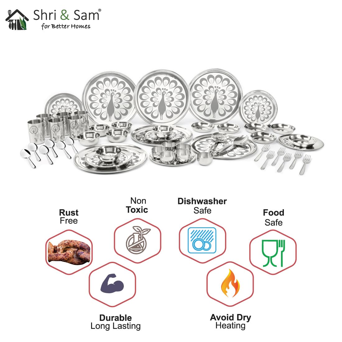 Stainless Steel Shagun Dinner Set Of 50 Pcs, Peacock Set | Eay To Wash & Dishwasher Safe