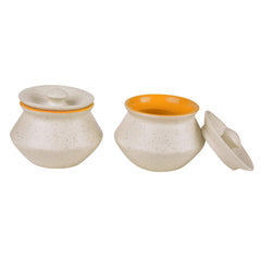 Ceramic Matt Finish Handi With Lid Set Of 2 - 300ml Each, White & Yellow | Dahi Handi - Serving Pot - Biryani Handi