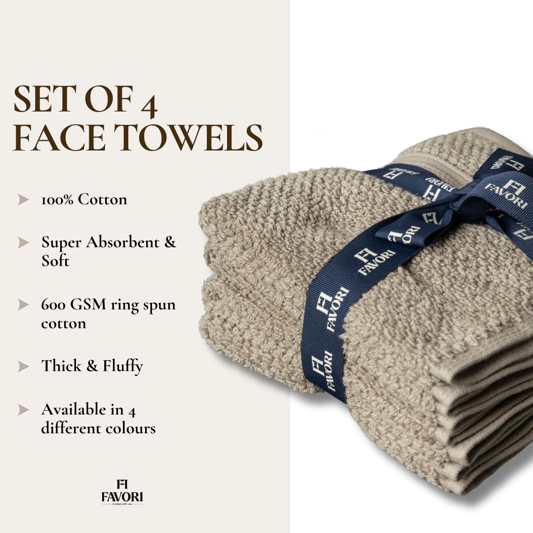 Favori Soft 100% Cotton Face Towel 450 Gsm | Terry Thick Quick Dry & Skin-Friendly Wash Cloth For Men & Women (Brindle Beige) - Set Of 4