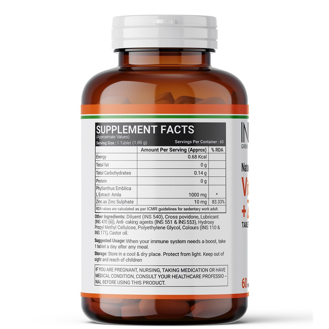 Inlife Natural Vitamin C Amla Extract With Zinc For Immunity & Skin Care | 60 Veg Tablets , 100gm 0.2lbs