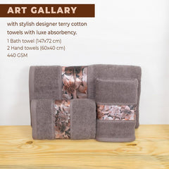 Rangoli 100% Cotton Fibre 1 Bath & 2 Hand Towels 900 Gsm | Highly Durable & Absorbent With Printed Border | Quick Drying Towels (Brown)