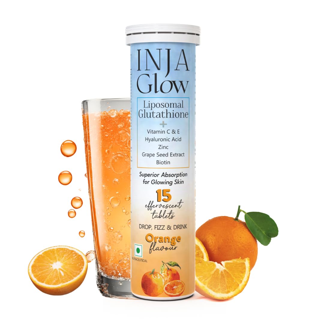 Inja Glow Liposomal Glutathione + Vitamin C & E, 4x Effective, Hyaluronic Acid Zinc, Grape Seed Extract For Enhances Skin Glow, Reduces Dark Spots | 15 Tablets, Orange Flavour , 50gm 0.1lbs