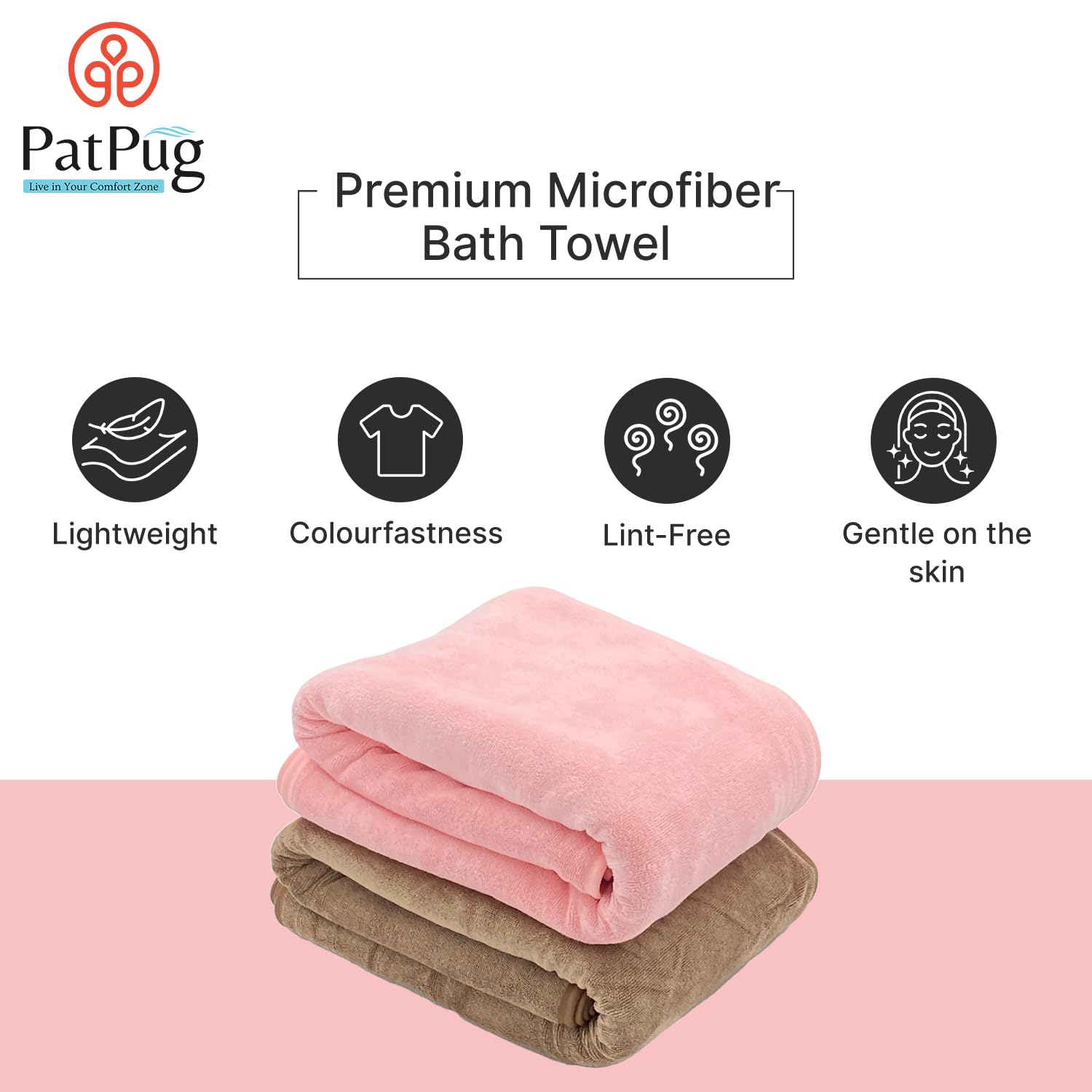Patpug Ultrasoft Microfiber, Comfortable, Fade Resistant, Highly Absorbent, Quick Drying Large Bath Towel 800 Gsm (Brown & Baby Pink)- Pack Of 2