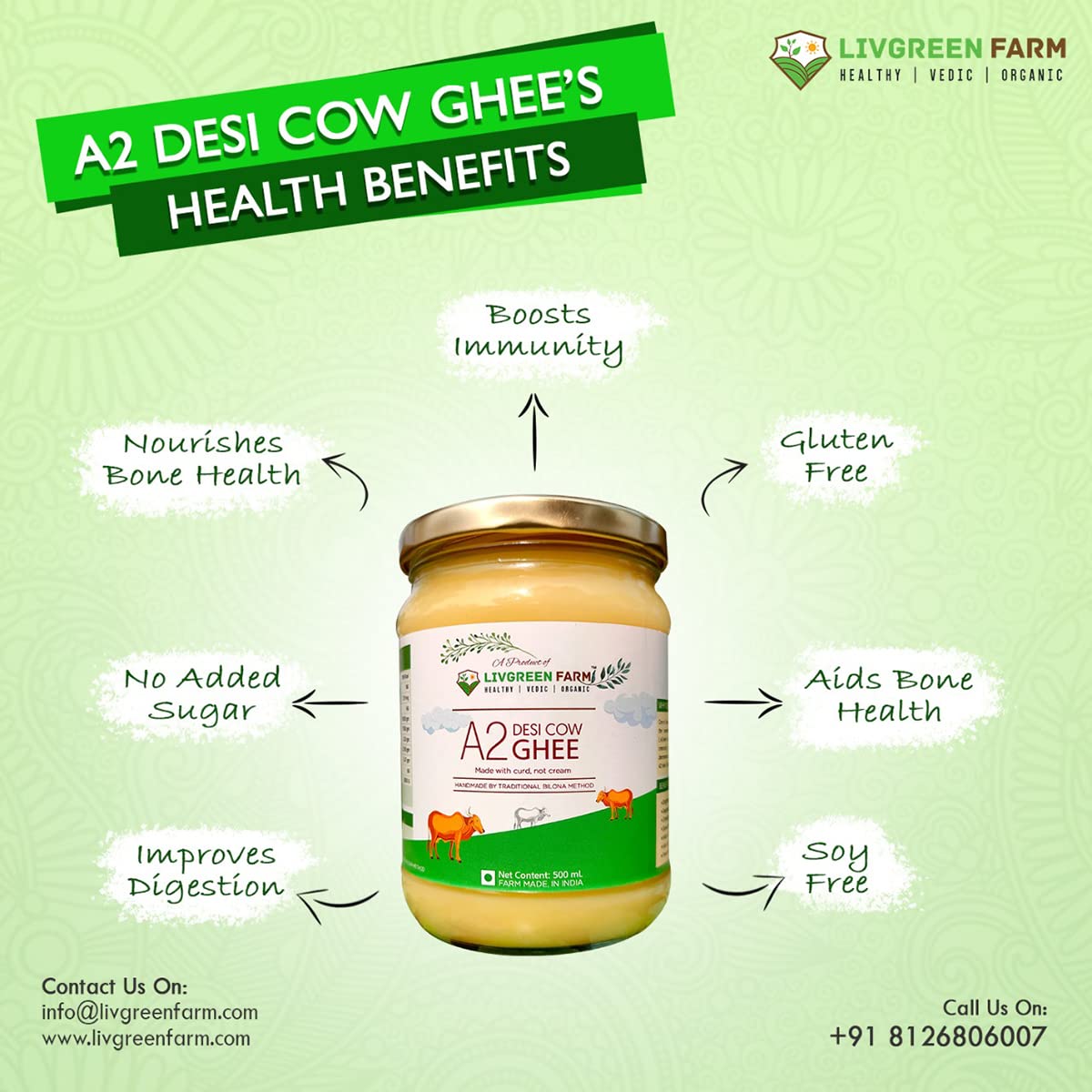 Pure Natural A2 Desi Cow Ghee By Livgreen Farm | Rich In Nutrients & Healthy Bilona Method Pure Desi Ghee Good For Boost Immunity | (500ml) 16.9 Ounce | Jar Pack