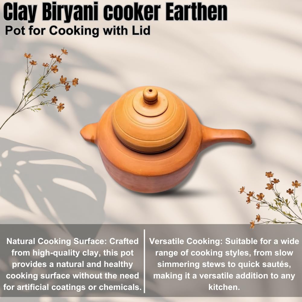 Mitti Cooker With Lid For Cooking Terracotta Handmade Unglazed Clay - Eco Friendly Cooker For Biryani Cooking With Lid, 3.5 Liters Pack Of 1 | Red-Ochre (Gerua)