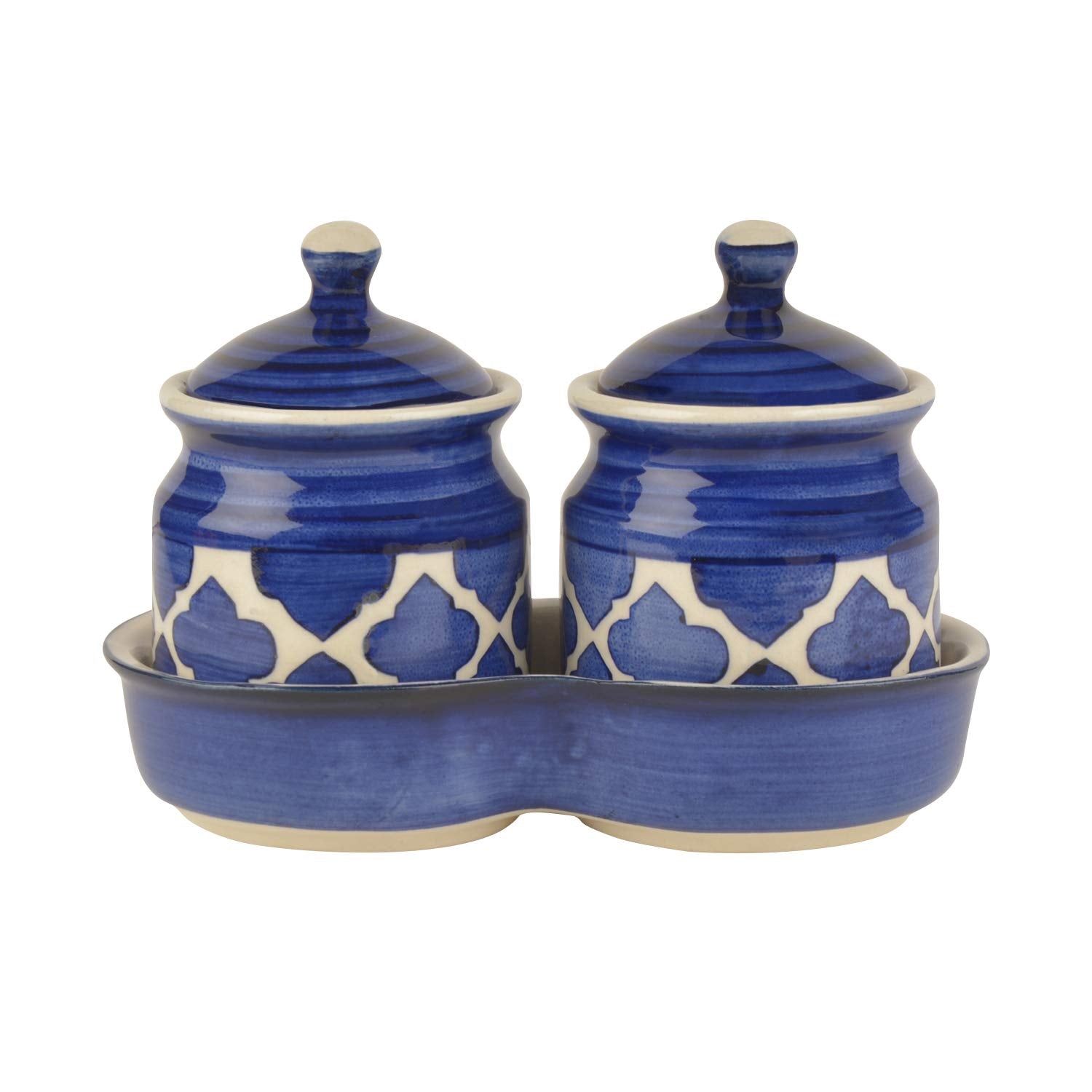 Ceramic Pickle Serving Jar Set With Tray Set Of 2 - 200ml Each, Blue & White | Condiment Set - Pickle Jar Set For Dining Table | Masala Container