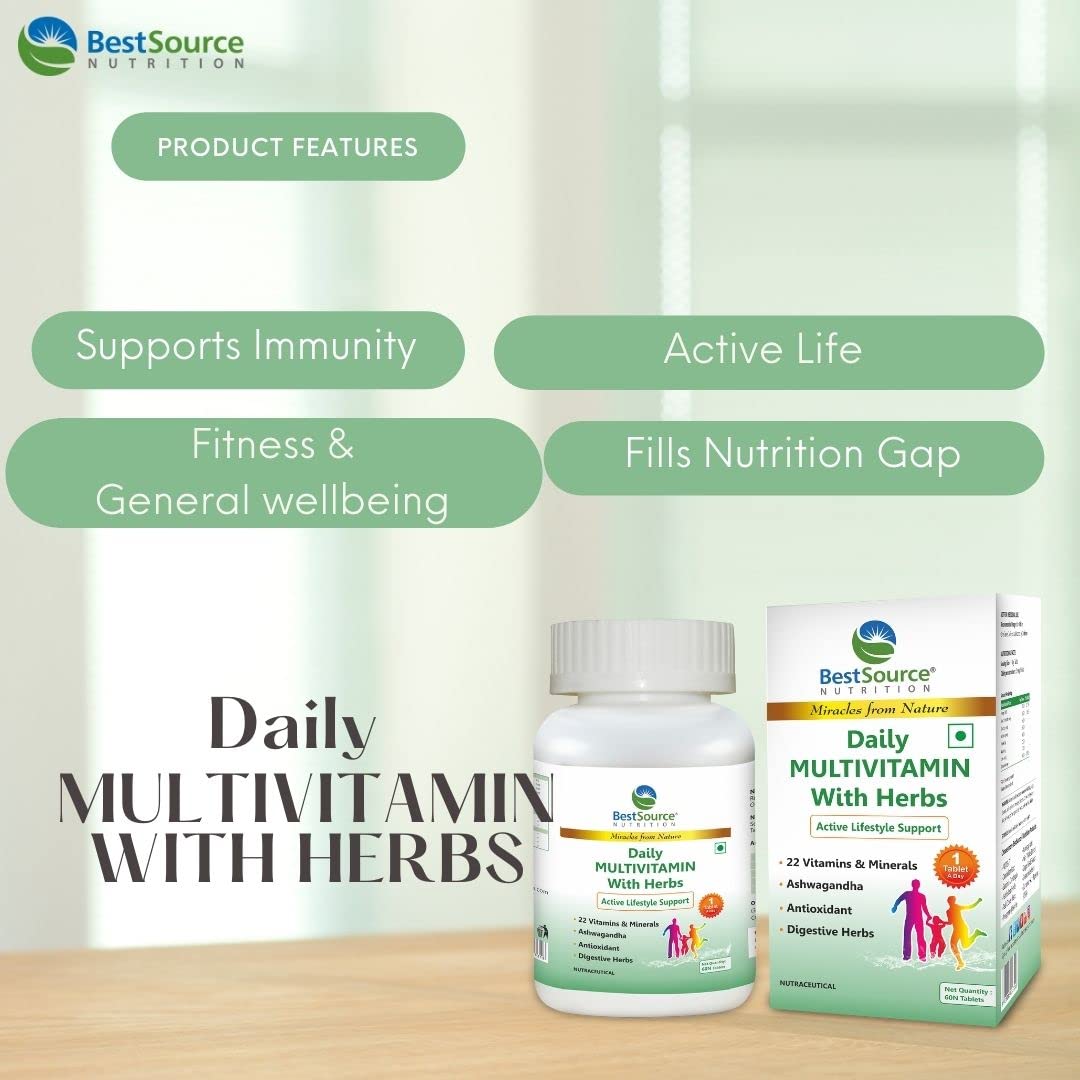 Bestsource Daily Mulivitamin With Herbs For Men & Women, Antioxidant & Digestive Herbs For Active Lifestyle Support | 60 Capsules