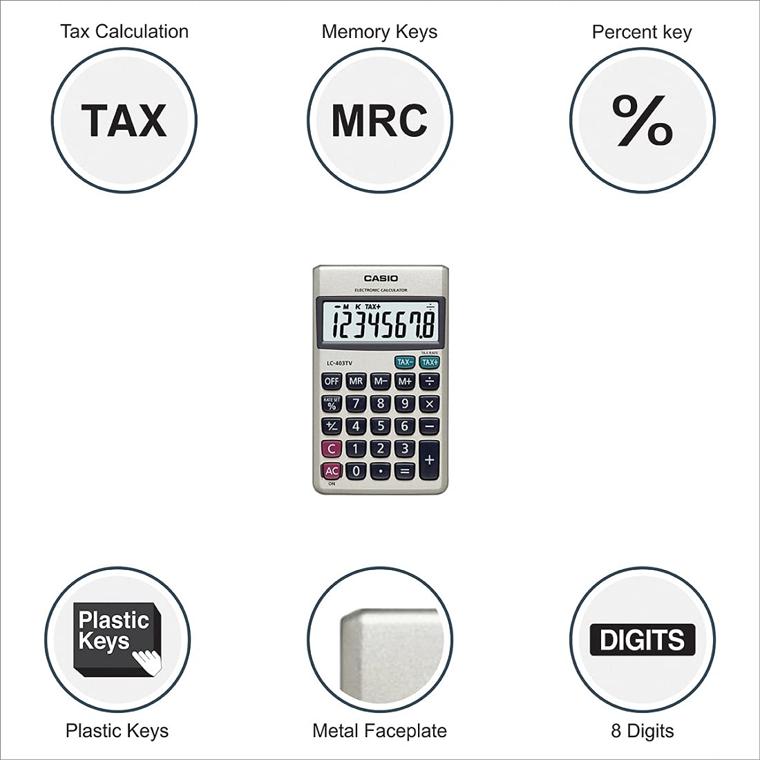 Casio LC-403TV Portable Calculator With Metal Faceplate | Pocket Size Calculator - Price Plus Tax, Tax Amount, Price Less Tax