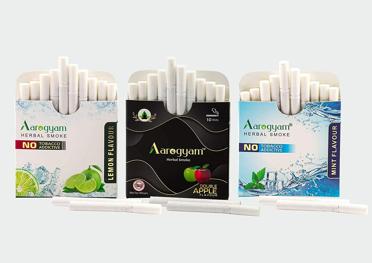Aarogyam Herbals Tobacco & Nicotine Free Herbal Flavored Cigarette For Relieve Stress & Mood Enhance Product - Lemon, Double Apple, Mint Flavour - Pack Of 3 (10x3)