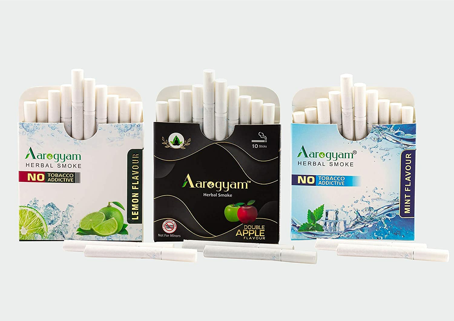 Aarogyam Herbals Tobacco & Nicotine Free Herbal Flavored Cigarette For Relieve Stress & Mood Enhance Product - Lemon, Double Apple, Mint Flavour - Pack Of 3 (10x3)