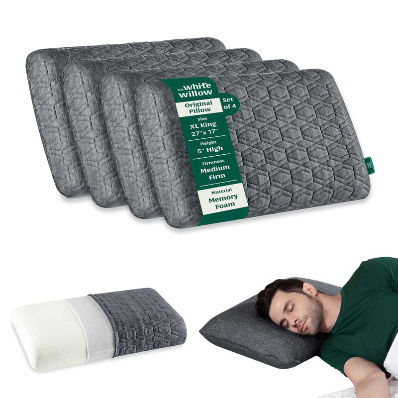 Memory Foam Pillow For Neck & Shoulder Pain Relief, Grey - Standard Size - 5 Inch | Cervical Thick Pillow For Sleeping - Orthopedic Bed Pillow For Back, Side & Stomach Sleepers - Set Of 4