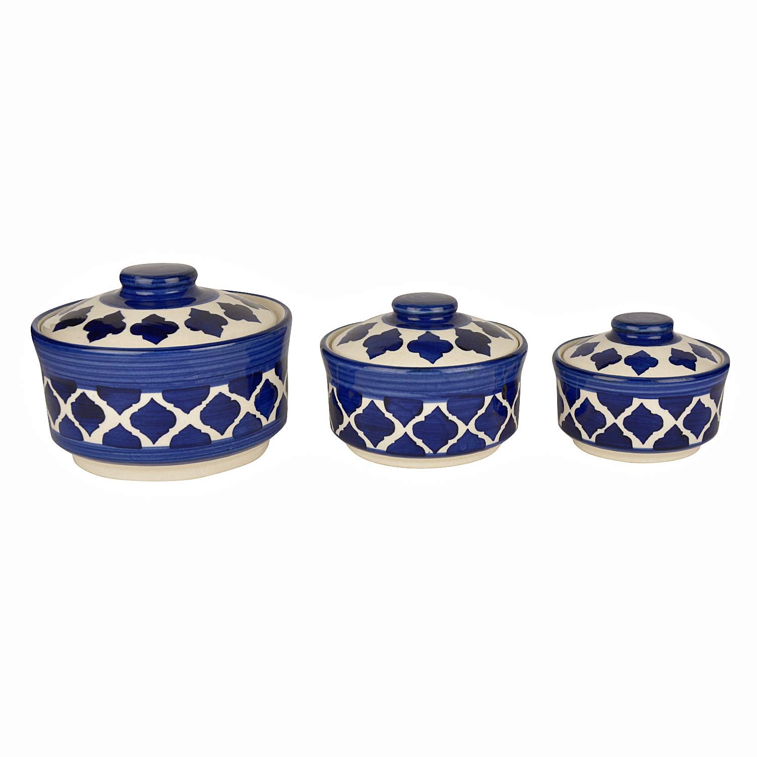 Studio Pottery Hand Painted Ceramic Serving Donga With Lid Casserole Set Of 3 - 900ml, 500ml & 300ml, Blue | Dinner Serving Set - Stackable Kitchen Bowl Set