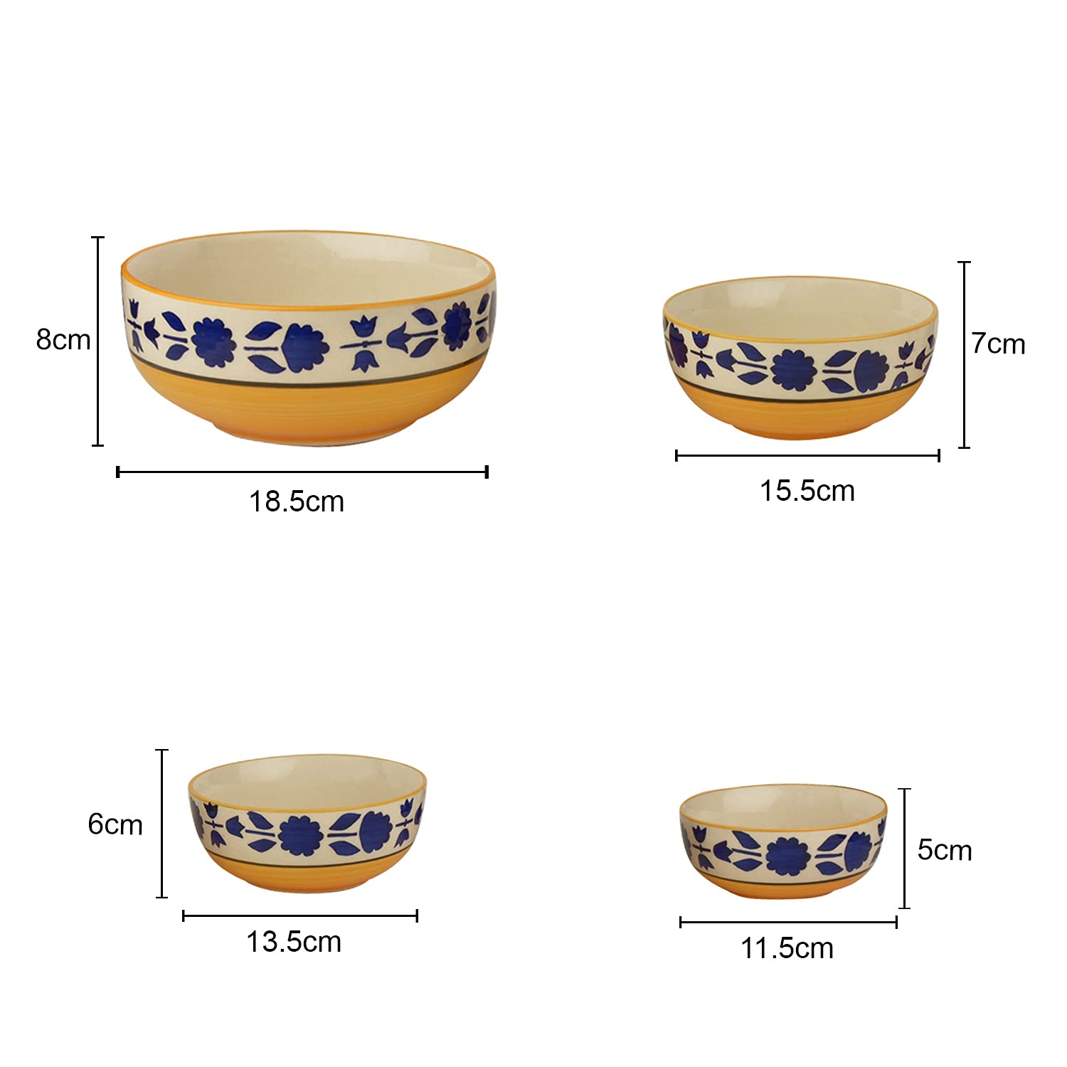 Studio Pottery Hand Painted Dinner Serving Bowl Set Of 4 - 1200ml+650ml+450ml+300ml, Yellow & Blue | Dinner Serving Donga Set - Stackable Kitchen Bowl Set