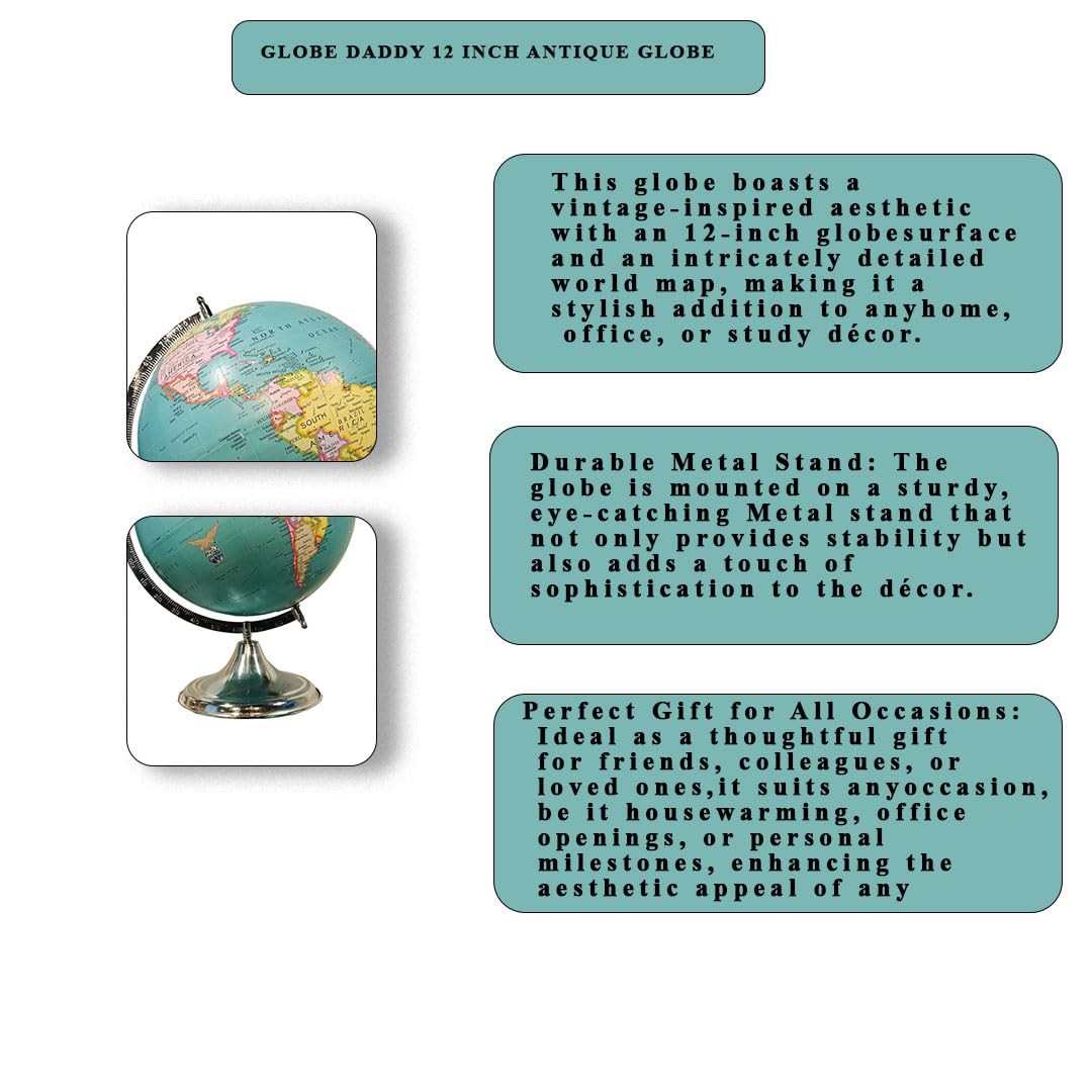 Rotating World Globe 12 Inch With Metal Arc & Stand For Show Piece For Home, Office Decor, Study Table & Birthday, Party Gifts For Students, Green, Pack Of 1