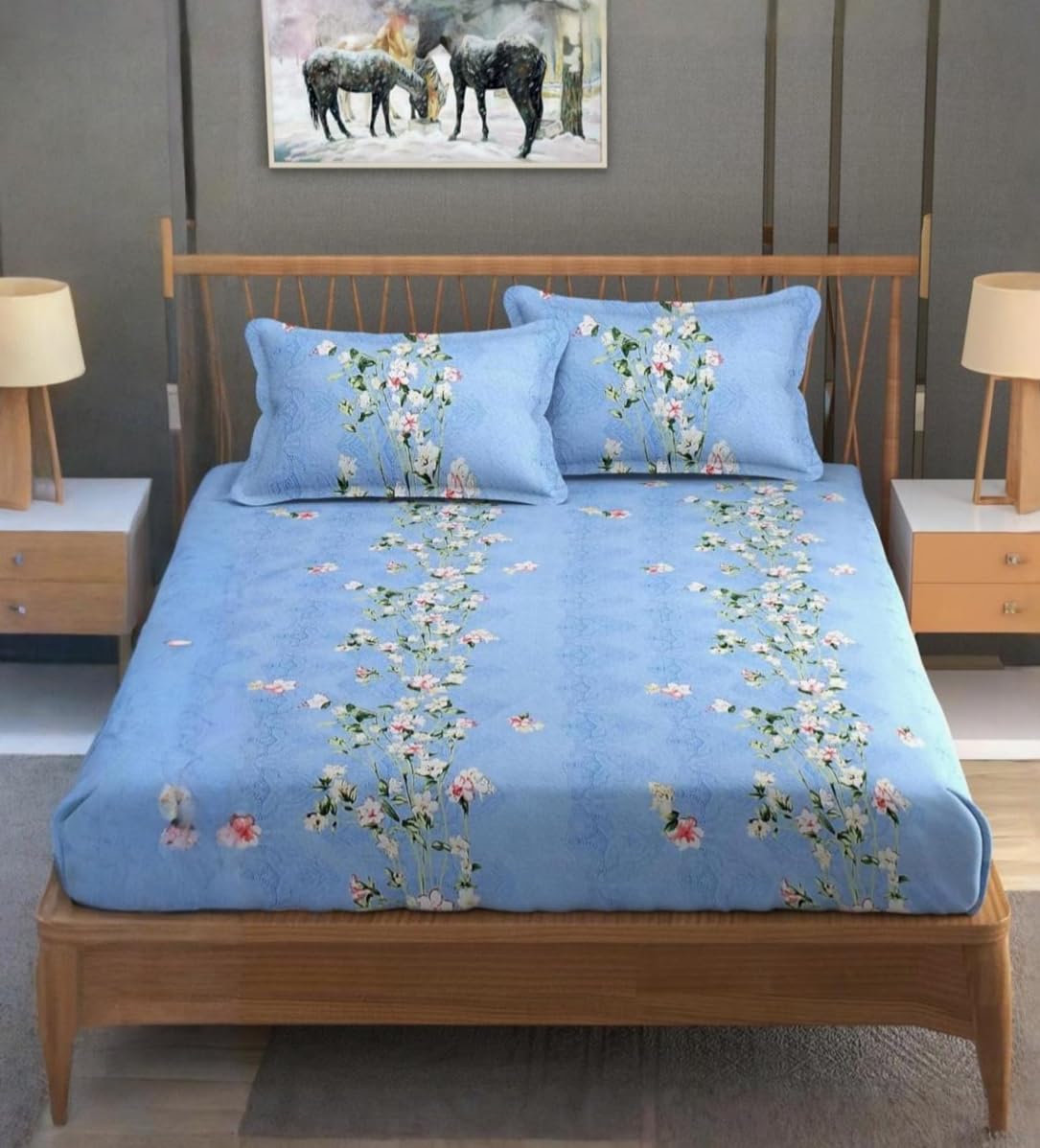 King Size Elastic Fitted Bedsheets With 2 Pillow Covers - 90 X 100 Inches, Sky Blue | Soft Wrinkle Free & Breathable Elastic Bedsheets - Durable & Long Lasting Bedsheet