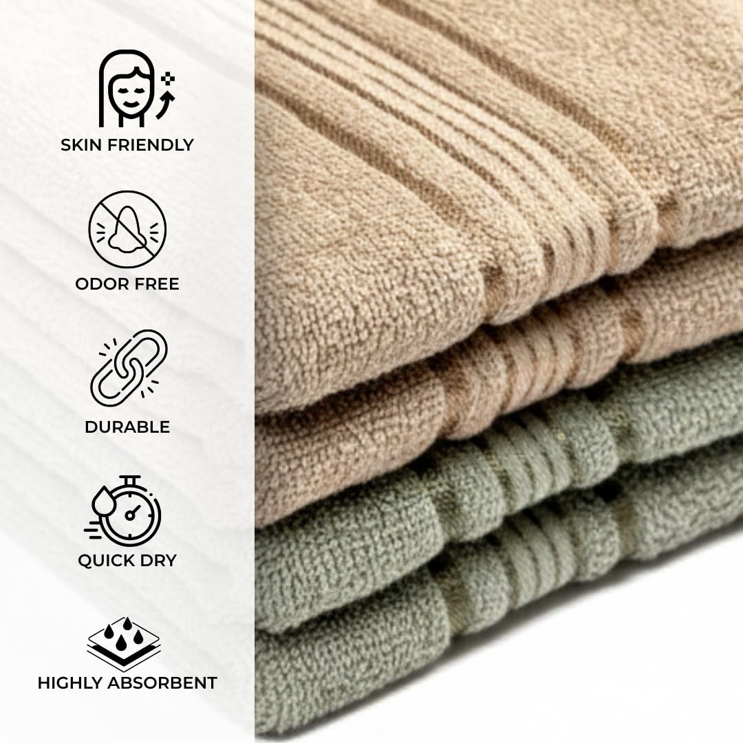 Akiko Home 100% Cotton Essential Series Hand Towels 800 Gsm | Soft, Absorbent & Durable, Cotton Hand Towel | Pack Of 4 (Beige & Green)