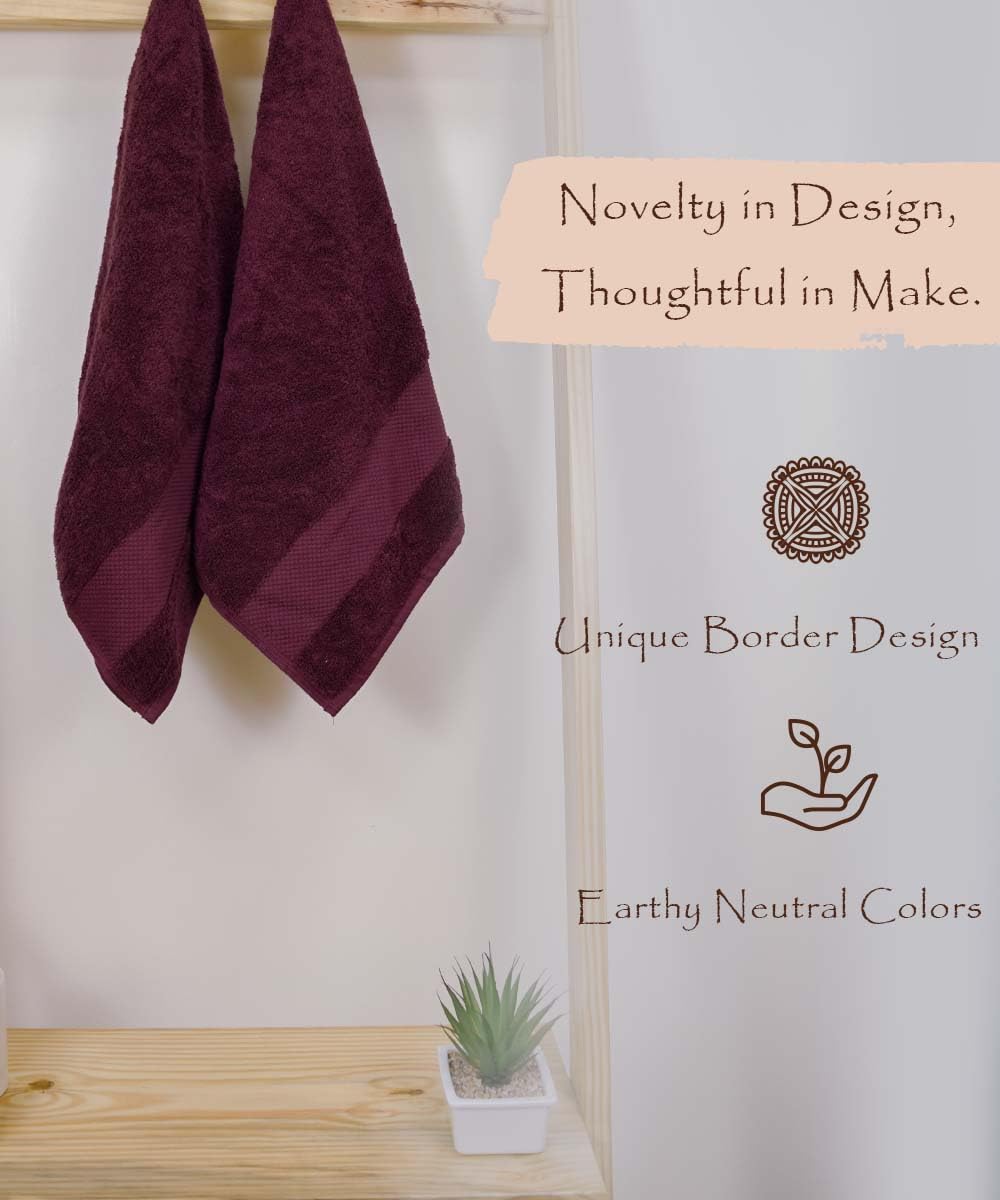 Rangoli Soft Absorbent Durable Towels Earthly Egyption Cotton Plush Oversized Small Size Bath Towel 600 Gsm (Maroon)- Pack Of 2