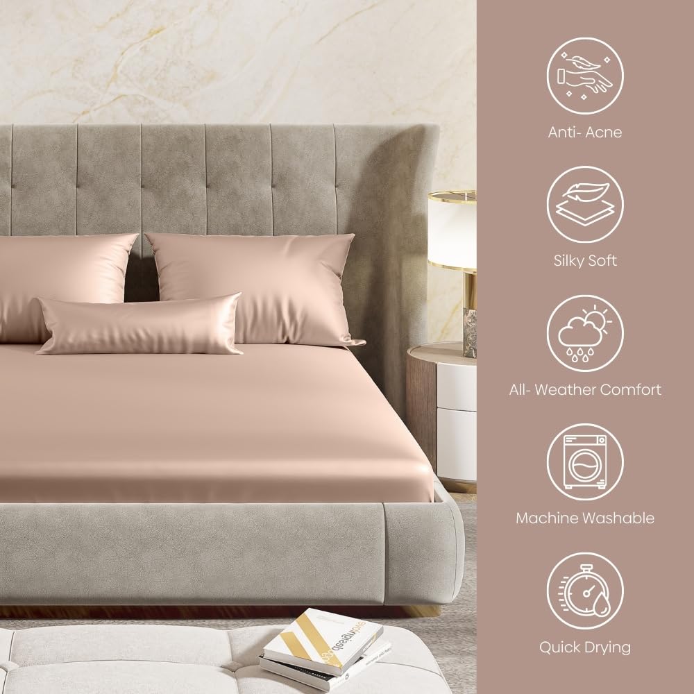 300 TC Premium Double Bedsheet Elastic Fitted For Queen Size | 60 X 78 X 10 Inches, Golden Sand With 2 Pillow Covers | Skin Friendly Fabric For Everyday Comfort