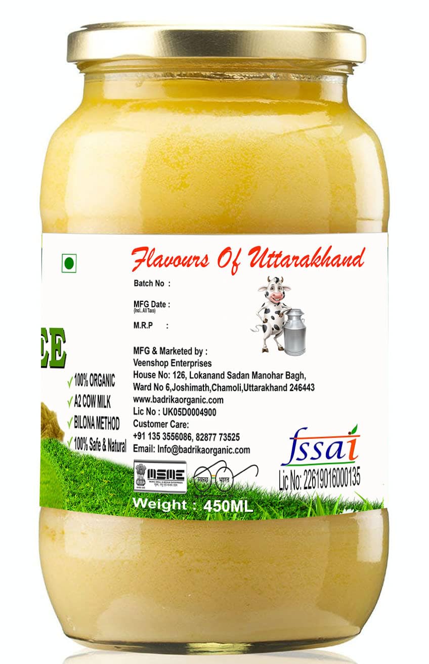 Organic Pahari A2 Ghee By Badrika | Himalayan Badri Cow Milk Ghee By Traditional Bilona Method Good For Weight Loss | (450ml) 15.2 Ounce | Jar Pack