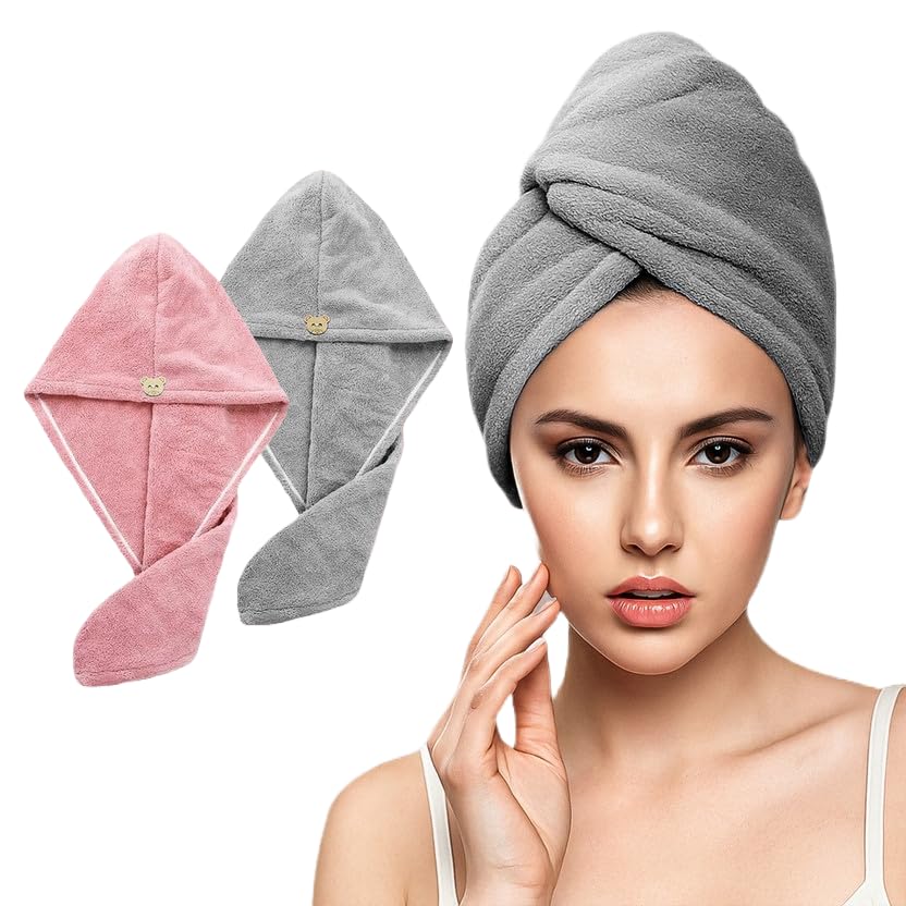 Fezora Hair Towel Wrap For Women (Pack Of 2) | Quick-Dry Microfiber Hair Turban With Elastic Loop | Super Absorbent Hair Drying Towel For Ladies & Girls (Grey & Orange)