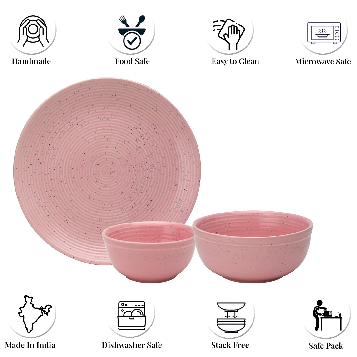 Handcrafted Ceramic Stoneware Dinner Set Of 10 Pcs With Serving Bowl Set - Blush Pink | 4 Dinner Plates, 10.6 Inch Each + 4 Small Dinner Bowl, 180ml Each+ 2 Serving Bowl, 1000ml Each