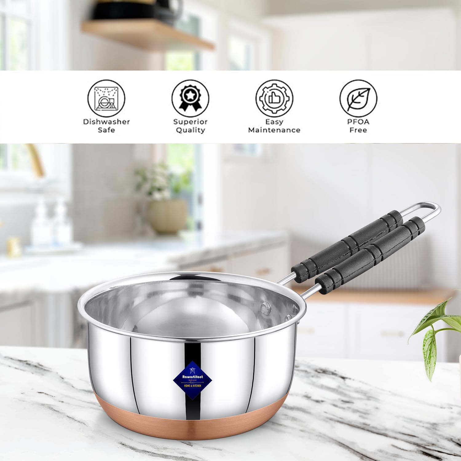 Silver Stainless Steel Copper Bottom Gas Stove, Flat Base Sauce Pan With Handle | Tea Pan, Milk Pan, Tapeli Patila, Sauce Pot Cookware With Handle, 1000ml