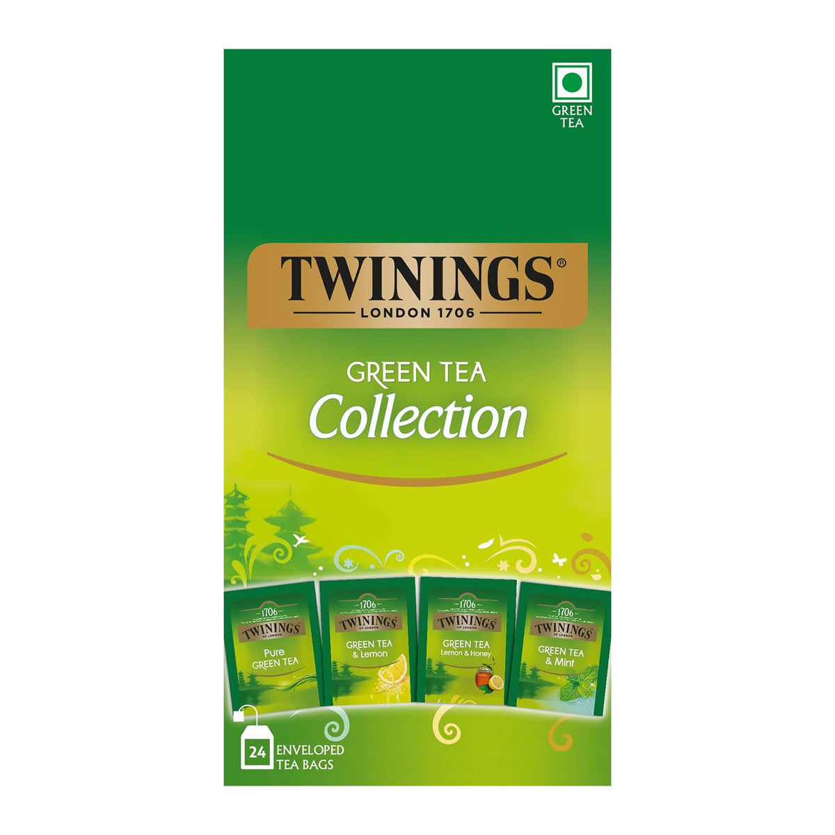 Twinings Green Tea Collection Pack - Includes 4 Different Flavors | Pure Green Tea+ Green Tea & Mint+ Lemon & Honey+ Green Tea & Lemon - 24 Enveloped Tea Bags | Caffeine Free