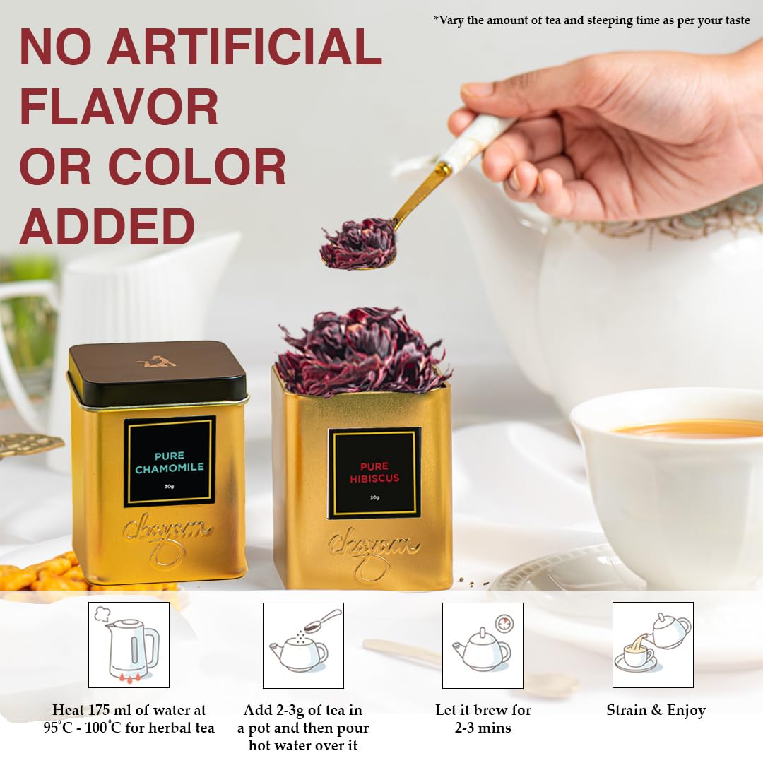Chayam Pure Hibiscus + Pure Chamomile Tea Set - Pack Of 2 X 30gm, 1.05 Ounce Each | Promotes Skin Glow, Boosts Immunity - Caffeine Free, 100% Natural
