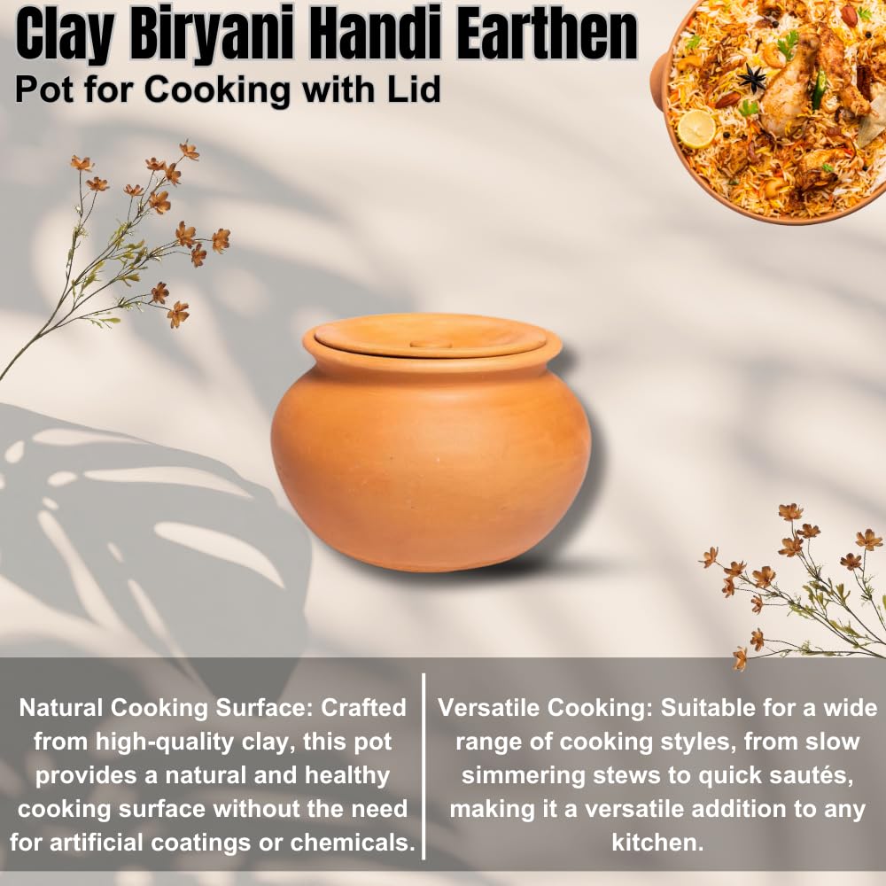 Exclusive Range Unglazed Clay Pot With Lid - 1.5 Liters | Lassi - Dahi - Yoghurt Handi | Biryani Handi - Earthen Kadai - Mud Handi | Mitti Ke Bartan With Lid