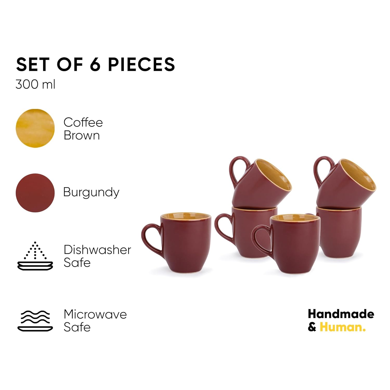 Ceramic Coffee Mug Set Of 6 - 300ml Each, Burgundy | Medium Mug With Glossy Finish - Stoneware Coffee Cup Set | Ceramic Cup - Microwave Safe & Dishwasher Safe