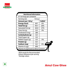 100% Natural Cow Ghee By Amul | Rich Source Of Vitamin A & Healthy Delicious Pure Ghee Protact Eyesight | (1 Liters) 33.8 Ounce | Box Pack