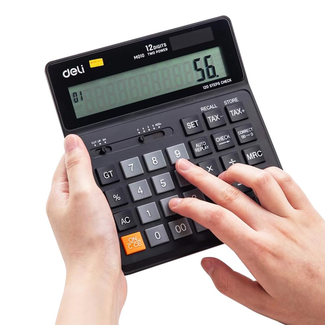 Deli Wm01020 Tax Calculator Big Size | 3 Years Warranty |12 Digits With F- Cut Keys, Steps Check & Correct Function - Black | Dual Power Options, User Friendly Interface