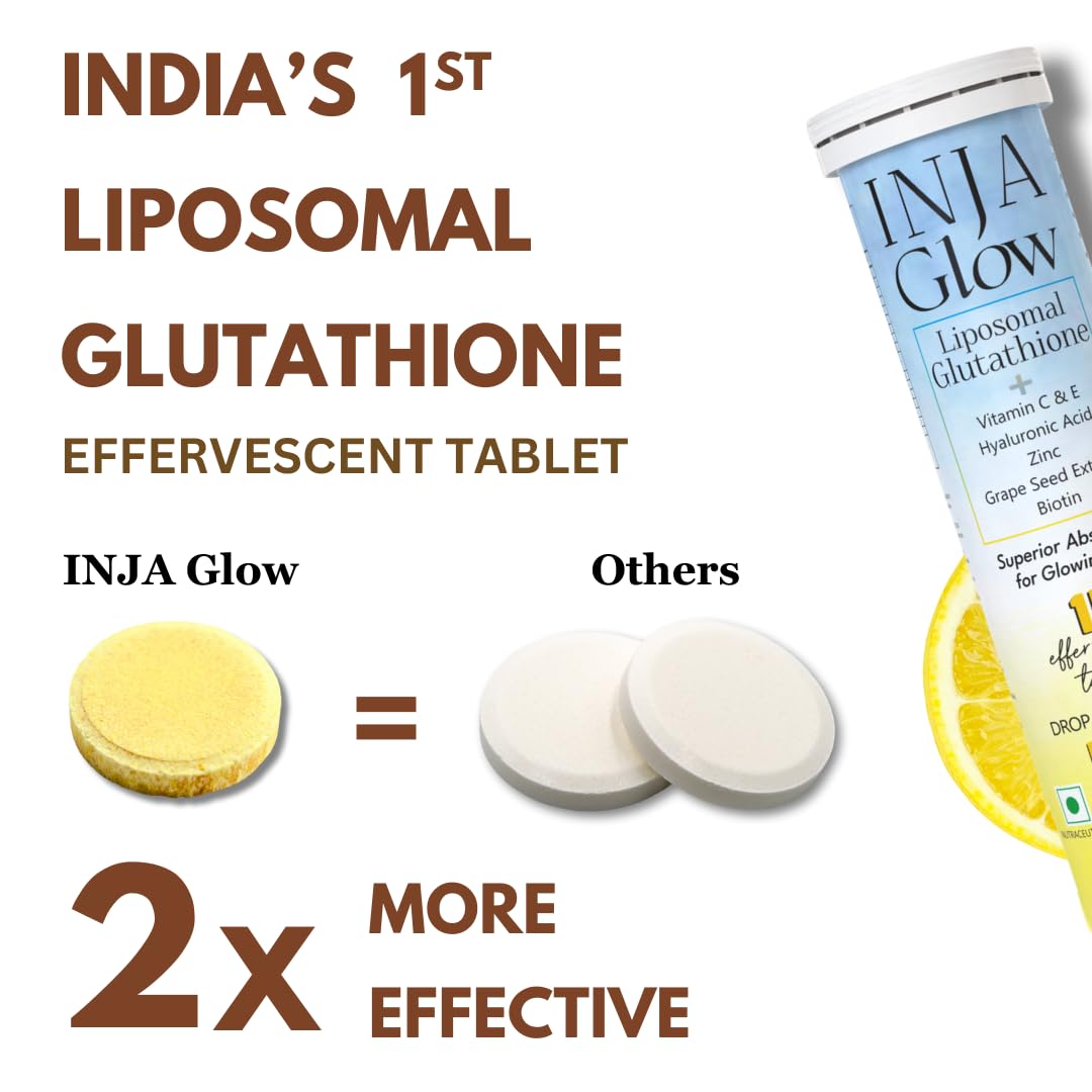 Inja Glow Liposomal Glutathione + Vitamin C & E, 4x Effective, Hyaluronic Acid Zinc, Grape Seed Extract For Enhances Skin Glow, Reduces Dark Spots | 15 Tablets, Lemon Flavour , 50gm 0.1lbs