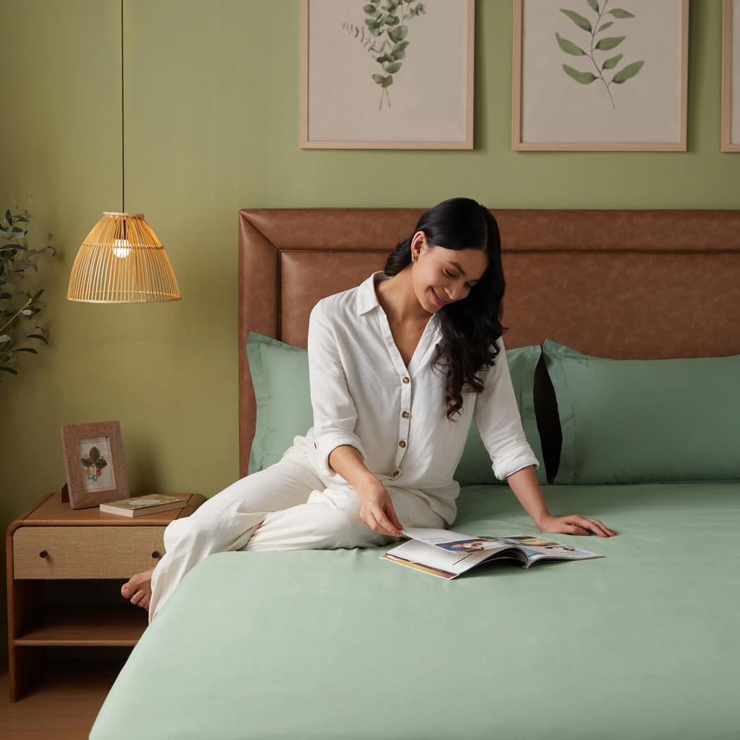 Queen Size Bedsheet For Double Bed With 2 Pillow Cover - 60 X 78 Inches, Sage Green | 100% Cotton, Soft & Breathable - Bedsheet Collection