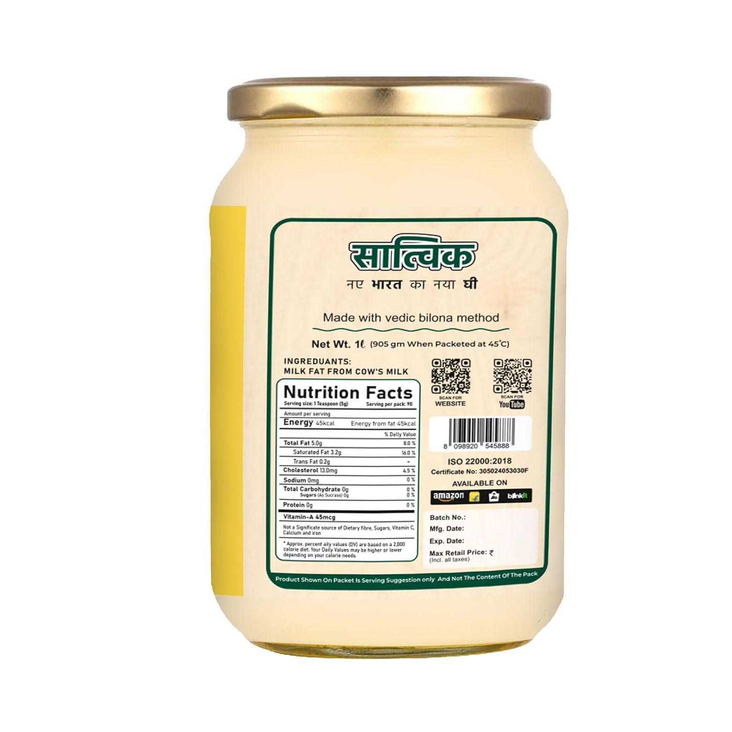 100% Natural A2 Gir Cow Ghee By Satvik Pure Ghee | Healthy & Delicious Nutrients Lab Certified Desi Ghee Good For Body Health | 5 Litr (1 Litr * 5) 169.0 Ounce | Jar Pack