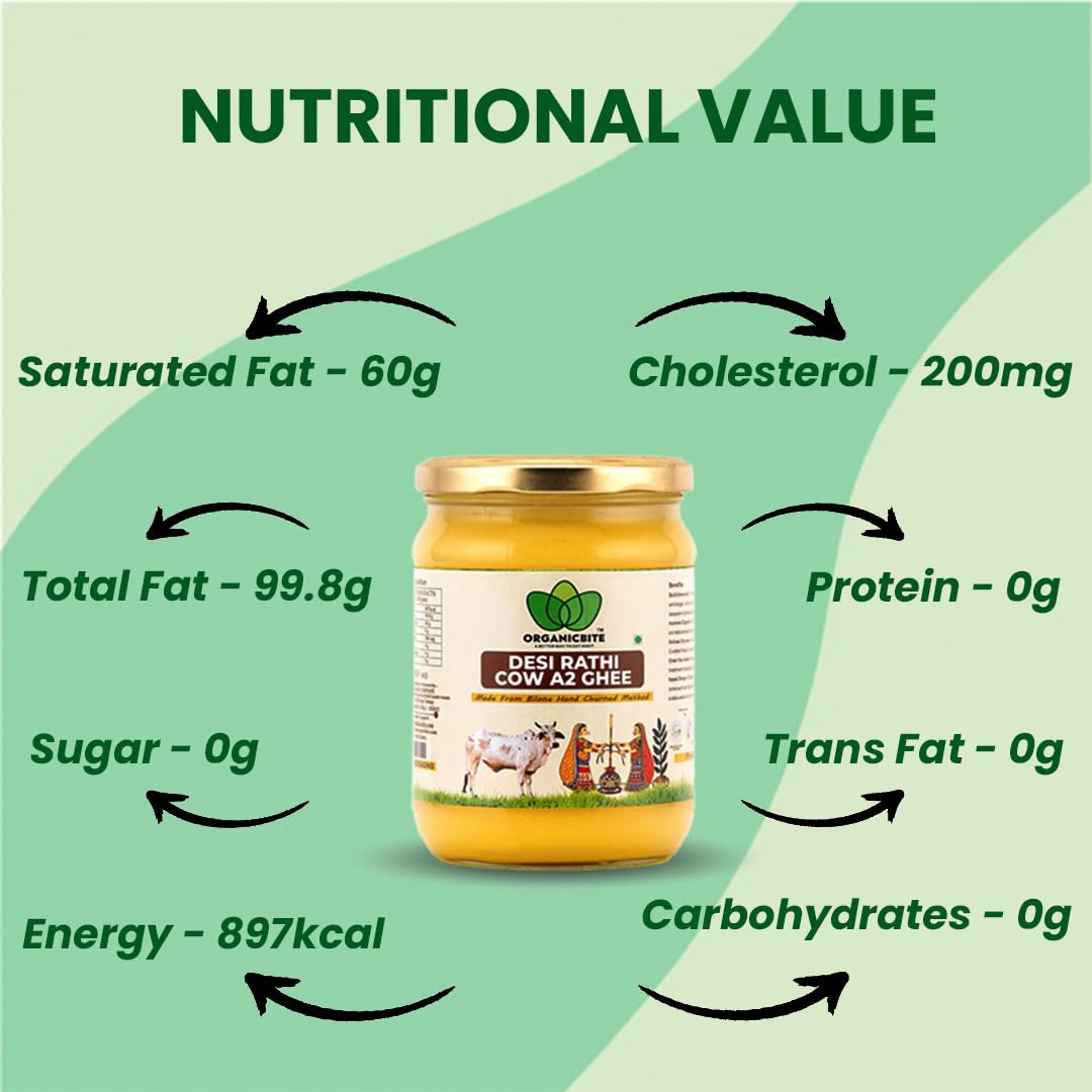 Pure Organic A2 Desi Rathi Cow Ghee By Organicbite | High In Protein Fiber Healthy Desi Ghee Good For Digestive Health | (500ml) 16.9 Ounce | Jar Pack