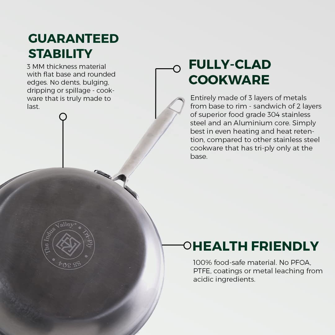 Triply Stainless Steel Fry Pan With Handle - Small, 22cm, 8.7 Inch, 1.5 Liters, 0.9 Kg | Induction Friendly, Nonstick 3-Layer Body, 100% Pure & Toxin-Free, No Chemical Coating