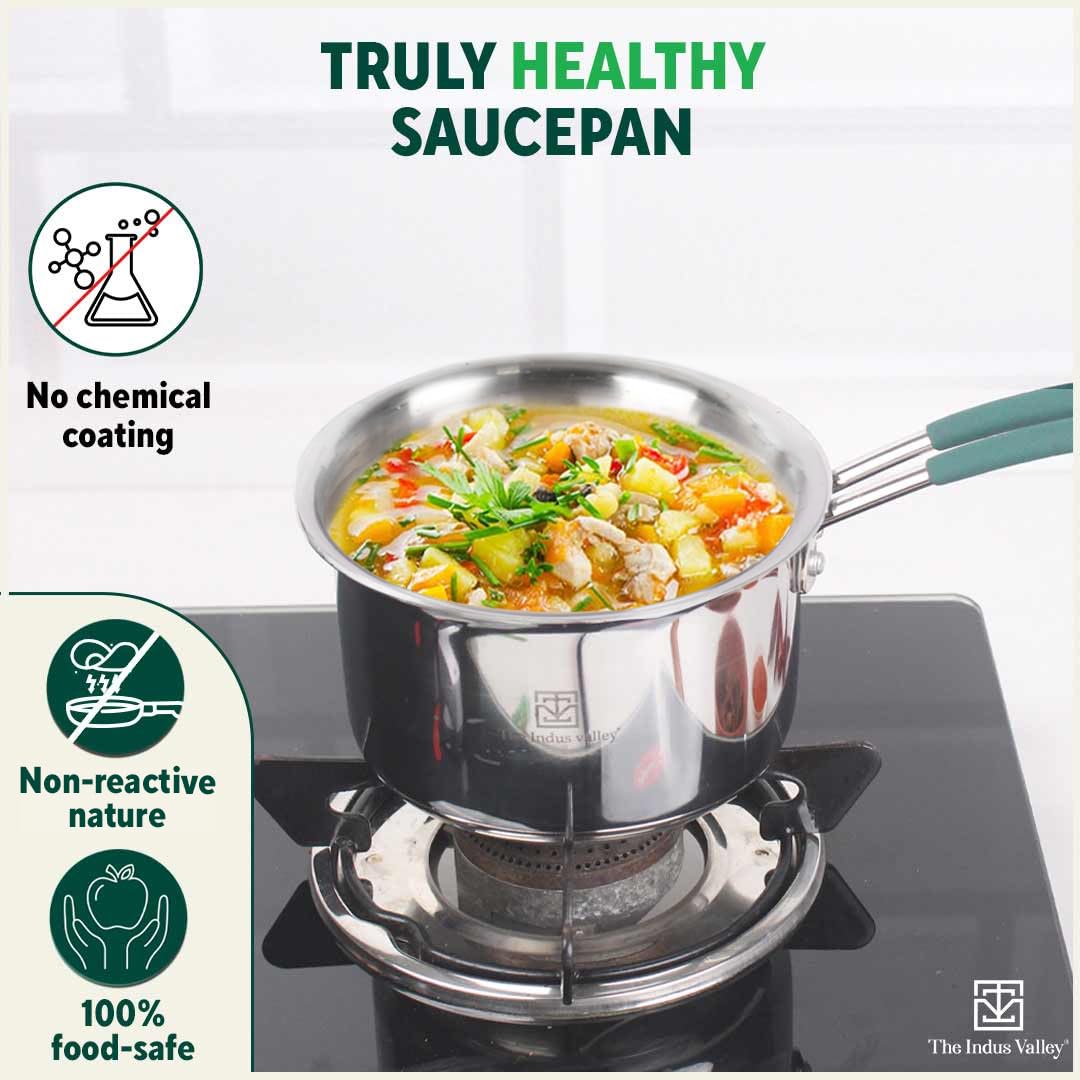 Triply Stainless Steel Sauce Pan Or Milk Pan With Steel Lid For 2-3 People | Small, 16.7cm, 6.6 Inch, 1.4 Liters, 0.9 Kg - Induction Friendly, Nonstick 3-Layer Body, 100% Pure & Toxin-Free