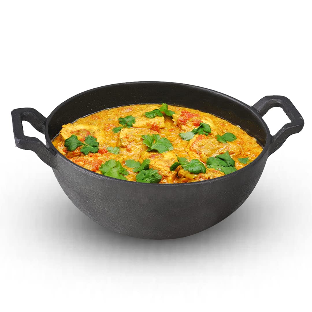 Pre-Seasoned Black Cast Iron Kadai With Curved Handles - Small, 21 Cm, 8 Inch, 1.7 Liters, 1.7 Kg | Induction Friendly, Naturally Nonstick Kadhai, 100% Pure & Toxin-Free, No Chemical Coating