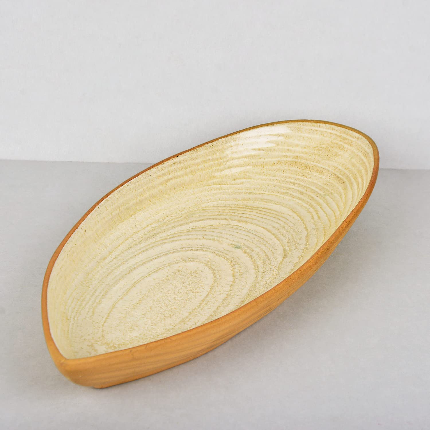 Luxurious Boat Shaped Ceramic Platter With Spiral Design - Ivory, 11 Inches | Starter Serving Tray - Kebab Platter