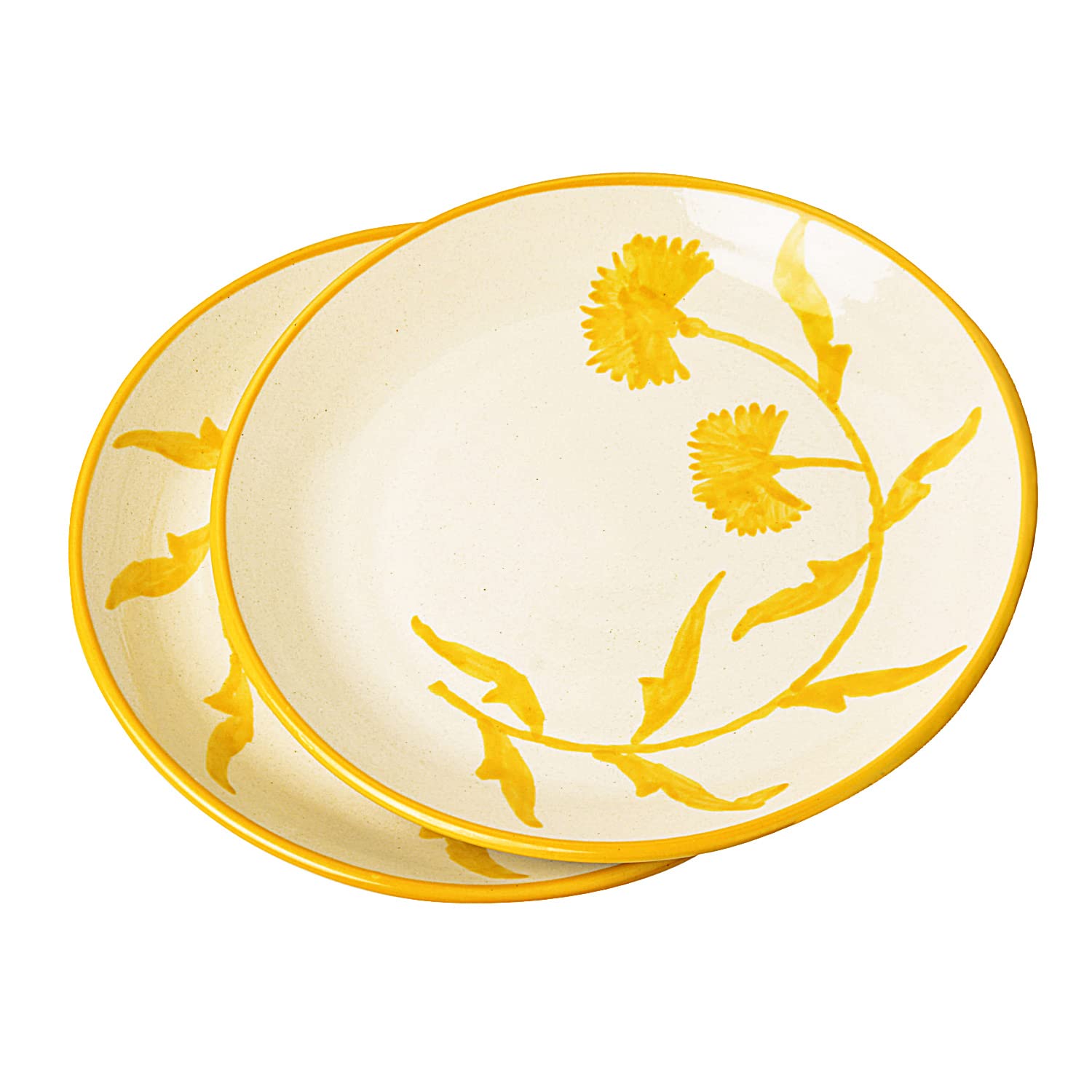 Hand Painted Ceramic Floral Dinner Serving Plates Set Of 2 - Yellow & Off White, Diameter: 10 Inches | Full Plates - The Lucid Yellow Collection