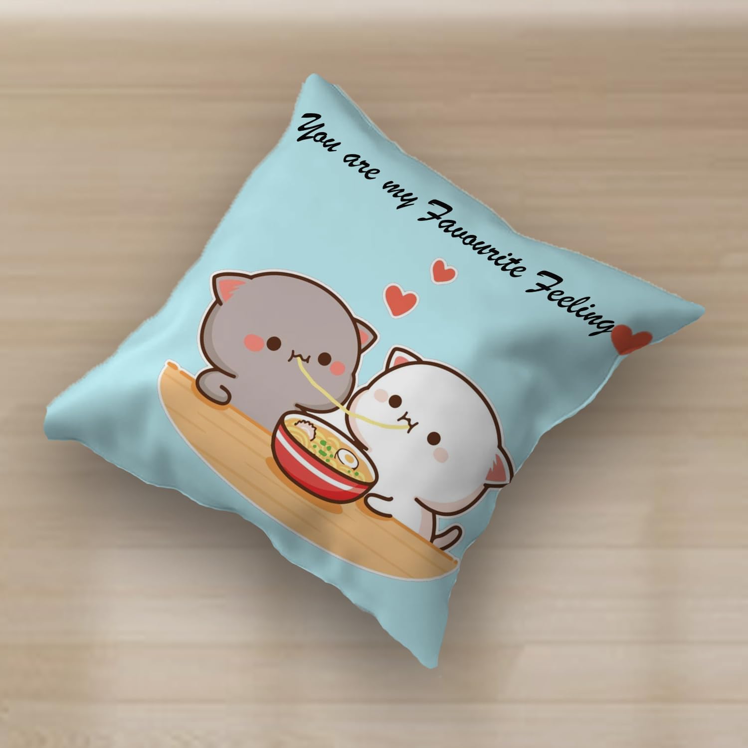Peach & Goma Mochi Cat Pillow Cushion, Cartoon Pattern, Sky-Blue - 12 X 12 Inch | 3 Items For Wife, Anniversary, Birthday, All Season Home Décor | Soft Peach Goma Pillow - Pack Of 1