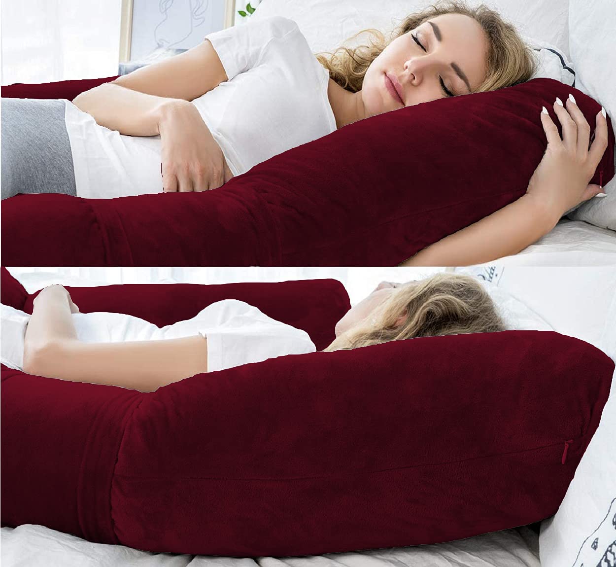 Pregnancy Pillow, Maternity Body Pillow For Sleeping, H Shaped Pillow, Maroon - 55 Inch | Full Body Pillow, Pregnancy Pillow For Pregnant Women, Support Belly & Back, Removable Velvet Cover