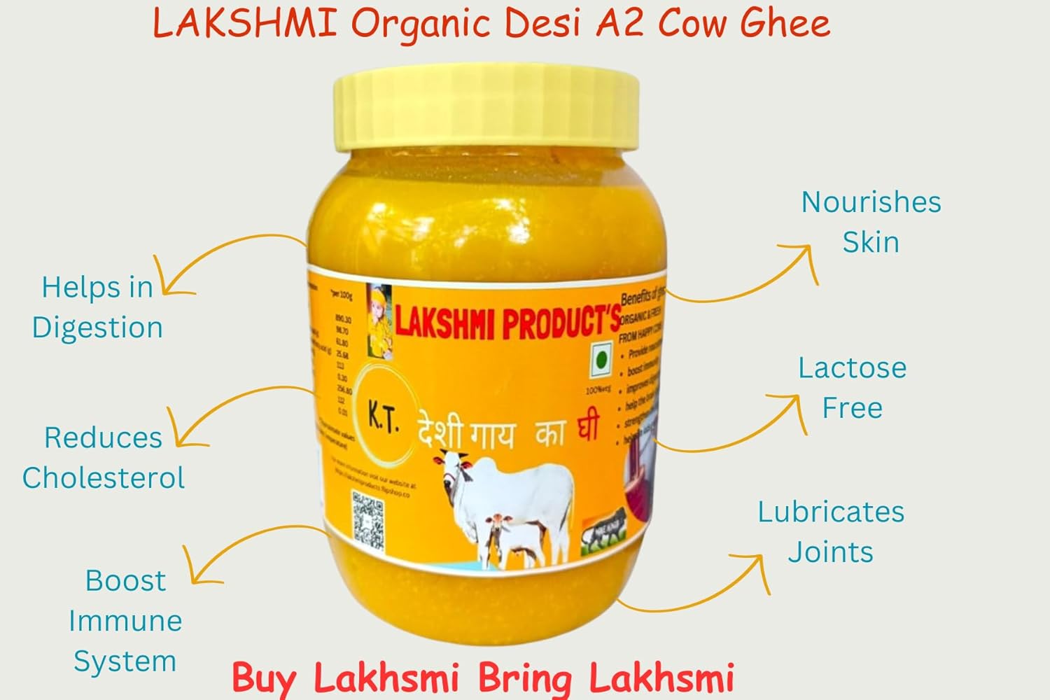 100% Pure Desi Cow Ghee By Lakshmi Product'S | Organic Homemade Bilona Method Grass Fed Desi Cow Ghee Good For Health | (500ml) 16.9 Ounce | Jar Pack