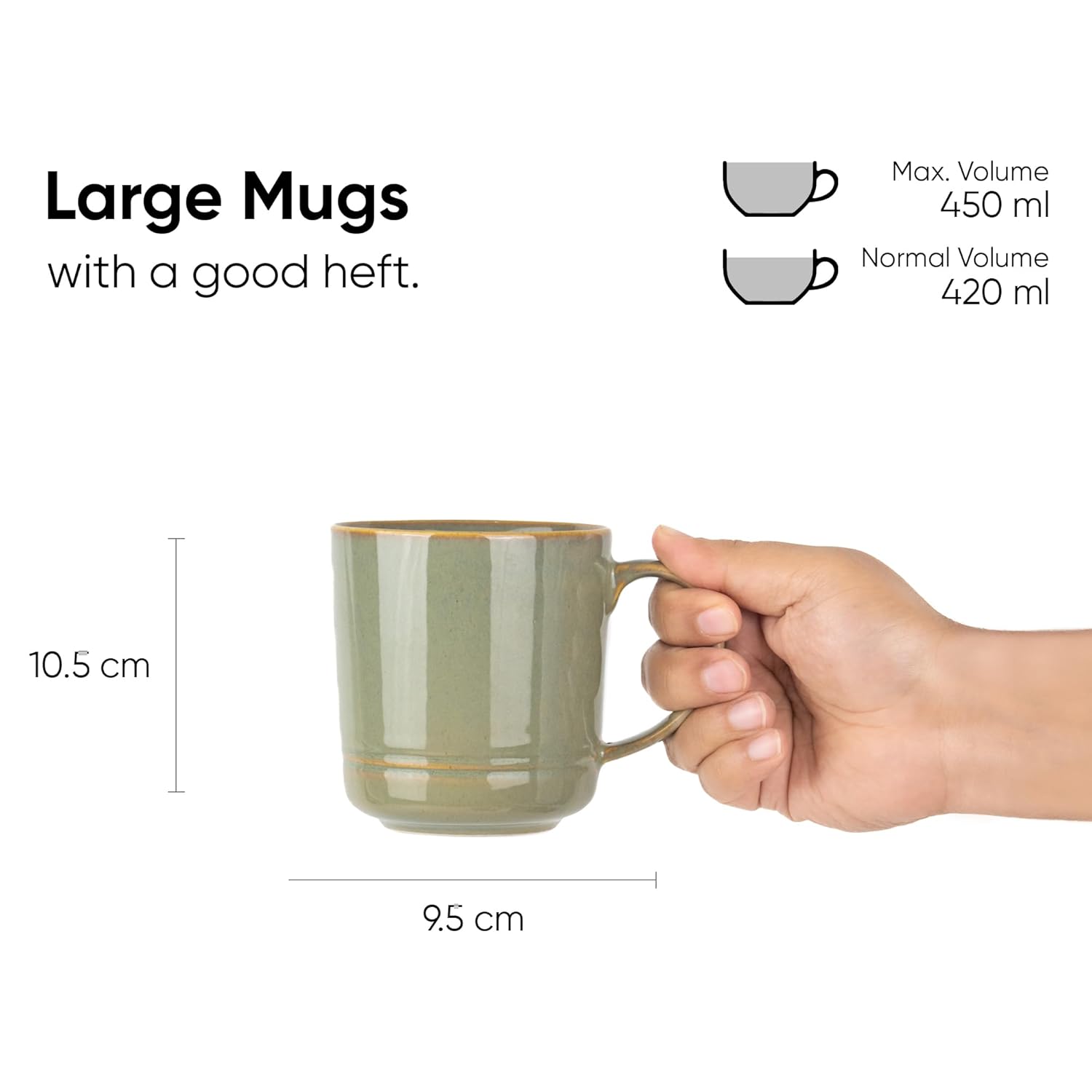 Large Ceramic Coffee Mug Set Of 2 - Pistachio Green, 400ml Each | Ceramic Mug With Glossy Finish - Mug For Coffee | Ceramic Coffee Mug - Porcelain Coffee Cup | Microwave Safe