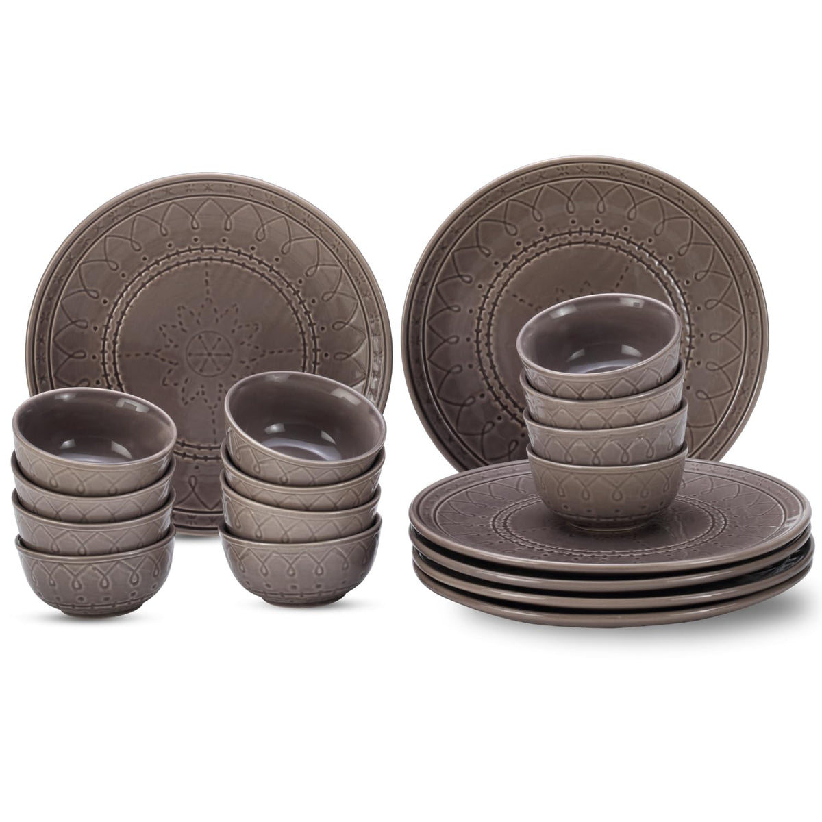 Handcrafted Ceramic Embossed Dinner Set Of 18 Pcs - Ash Grey | 6 Dinner Plates + 12 Small Dinner Bowl, 180ml Each - Microwave & Dishwasher Safe | Crockery Set For Dining & Gifting