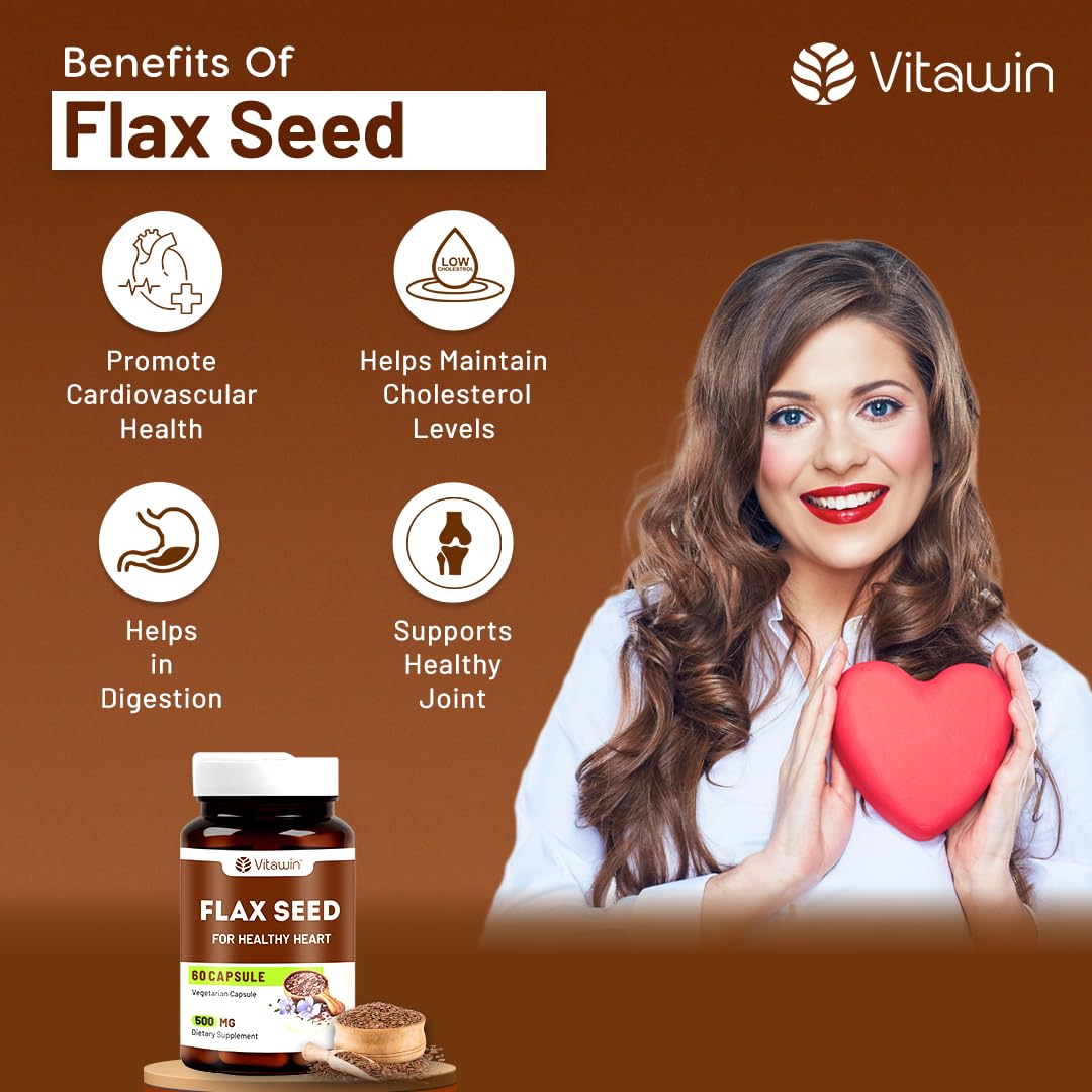 Vitawin Flax Seed For Healthy Heart, Immunity & Joint Support, Natural Herbal, 500mg | 60 Veg Capsules 100gm 0.2lbs