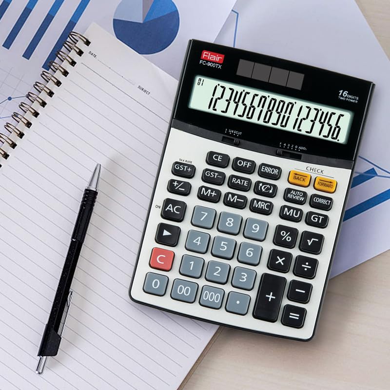 Flair Fc-900 TX Desktop Calculator | 16 Digits Calculator | GST Calculation Function With Currency Converter | Dual Power With Solar | Auto Replay | 112 Steps Check & Correct | Grey