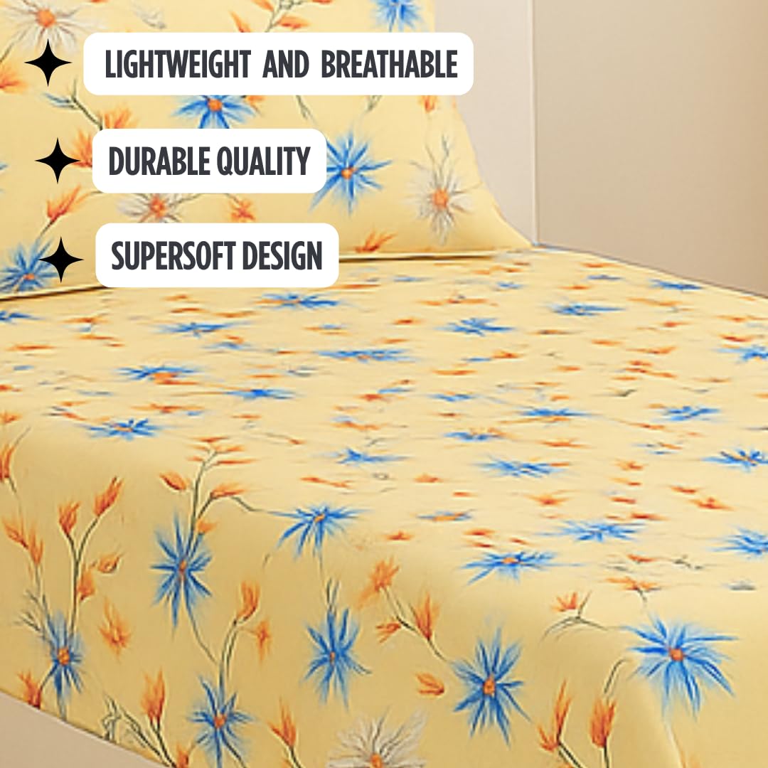 Single Bedsheet With 1 Pillow Cover - Size 90 X 60 Inches, Beige & Blue | Soft Touch Cotton Fabric-Comfortable & Durable | Elegant Printed Bedding Set For Daily Use