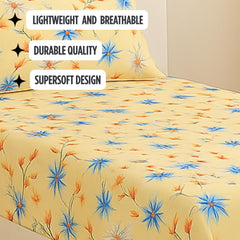 Single Bedsheet With 1 Pillow Cover - Size 90 X 60 Inches, Beige & Blue | Soft Touch Cotton Fabric-Comfortable & Durable | Elegant Printed Bedding Set For Daily Use